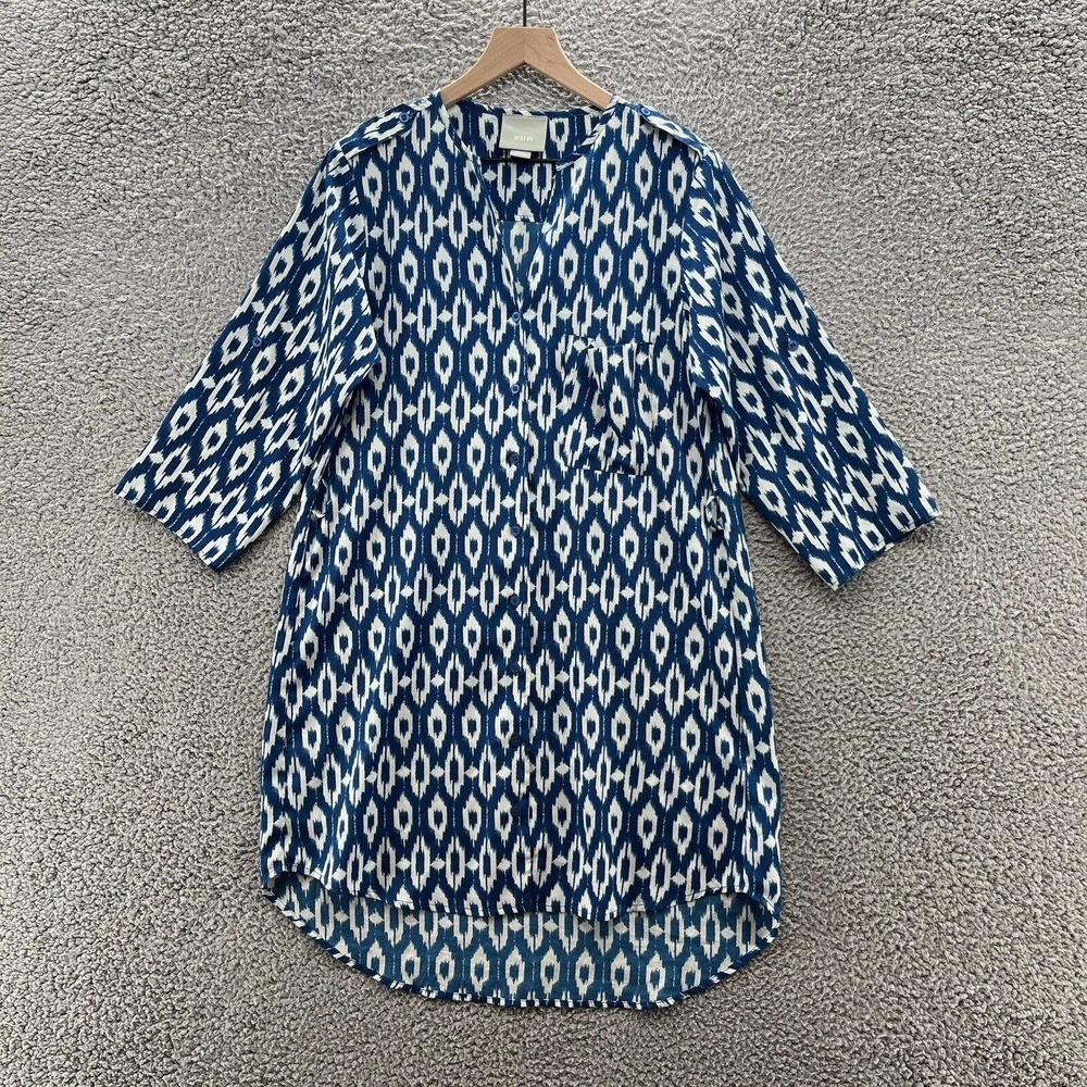 Maeve Dress Women Small Blue White Geo Print Shirt Dress Button Up Mini
